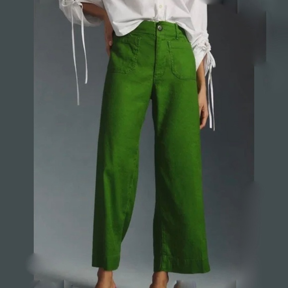 Maeve The Colette Cropped Wide-Leg Pants by Maeve: Linen Edition GREEN Size 2 26 - Picture 1 of 9